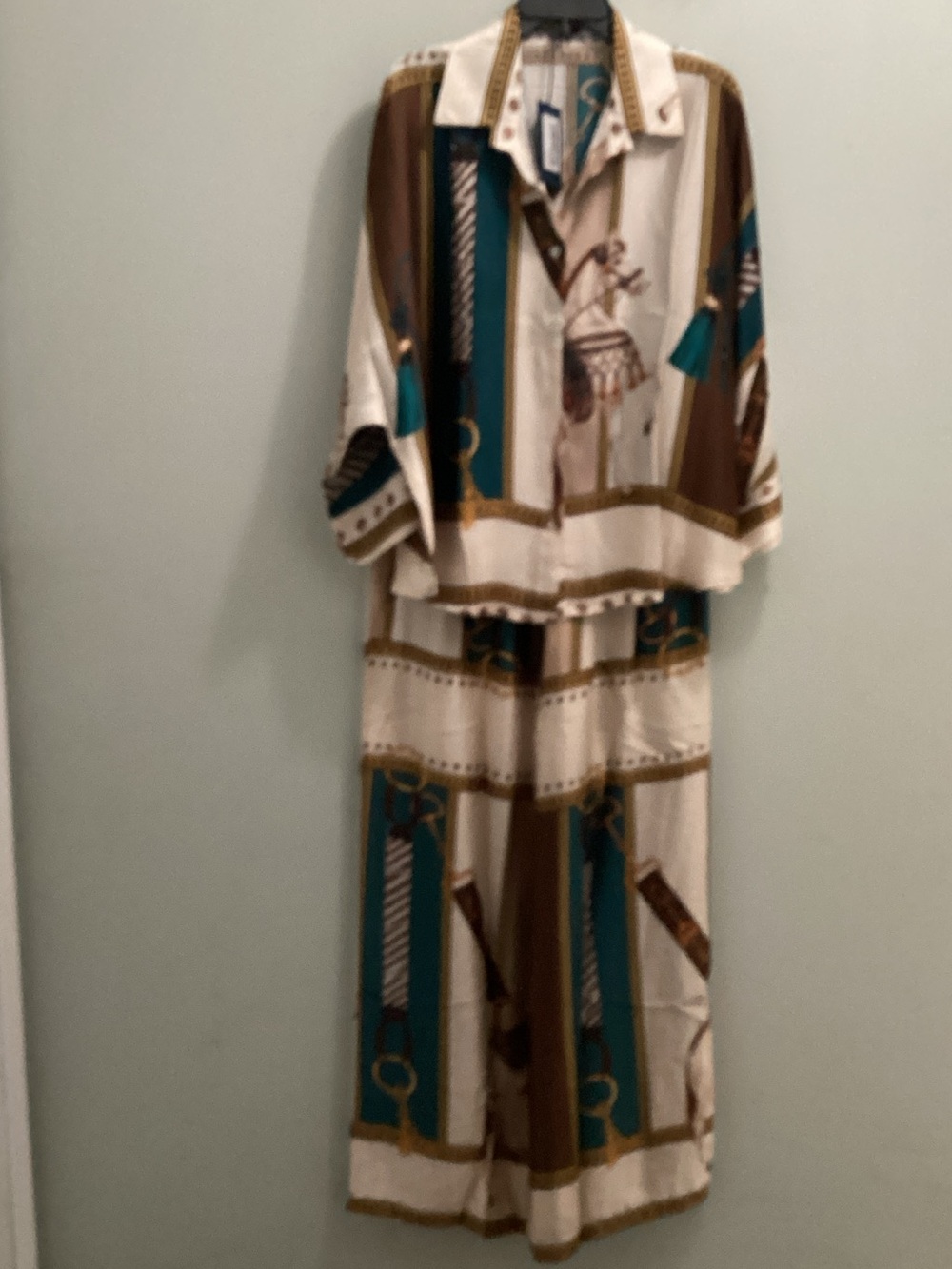Made in Italy Cream, Brown & Teal Equestrian-Print Wide-Leg 2pcs set - Picture 6 of 7